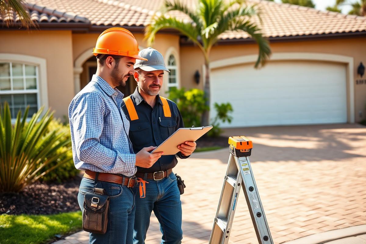 Two Dr. Handyman Service roofing technicians reviewing an inspection clipboard beside a ladder at a Broward County home