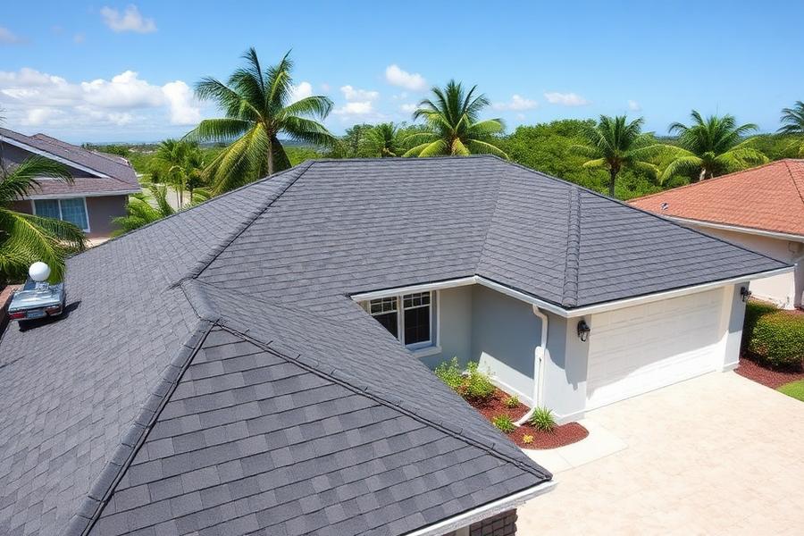 After: the same Fort Lauderdale home with a new charcoal architectural shingle roof, straight courses and clean ridge lines.