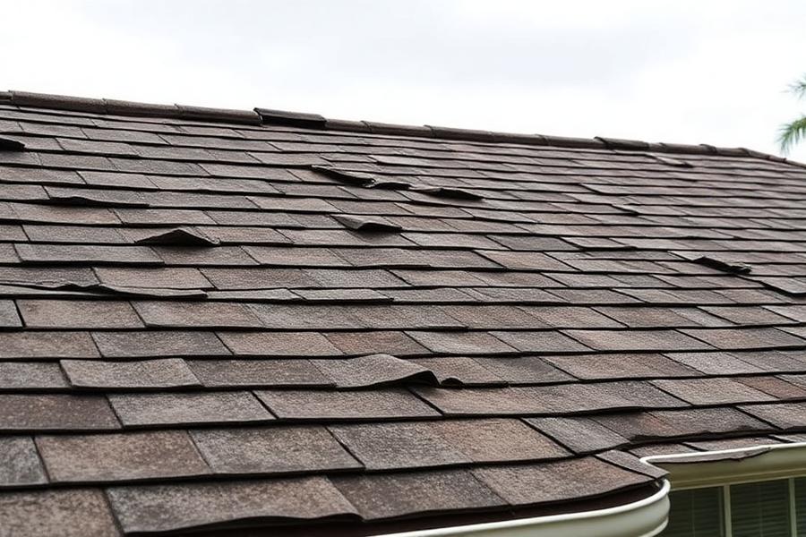 Before: aged brown asphalt shingle roof on a Fort Lauderdale home with curled, lifted and missing shingle tabs and dark weather staining.