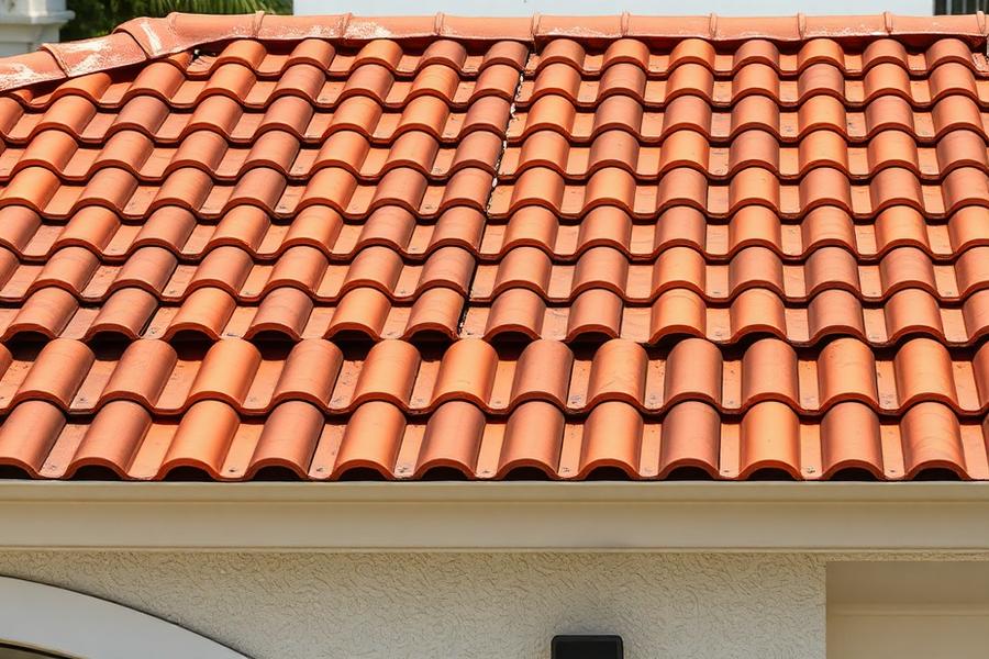 After: the repaired barrel tile roof section with replacement tiles blended into the existing courses and a sound, closed eave.