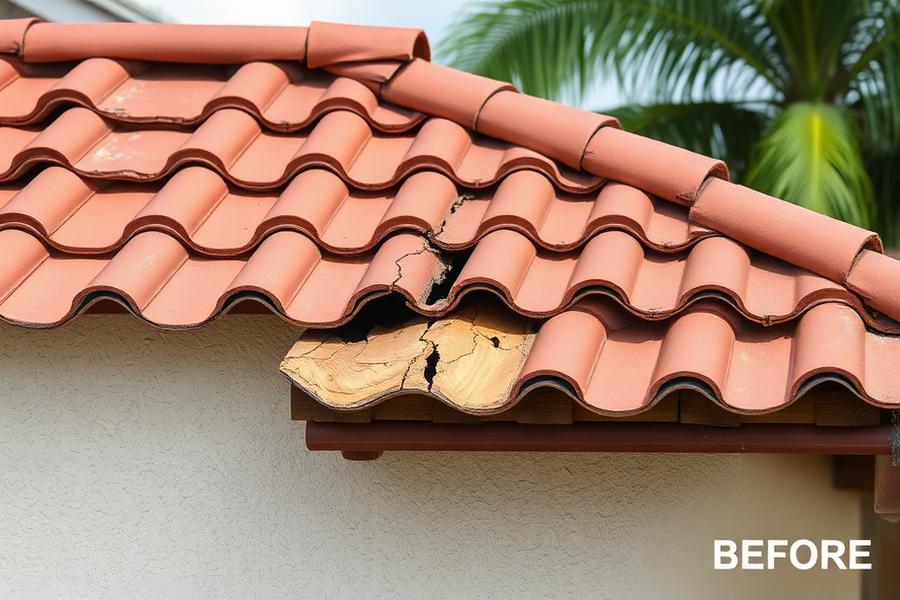 Before: cracked and displaced terracotta barrel roof tiles at the eave of a Hollywood stucco home exposing bare wood decking.