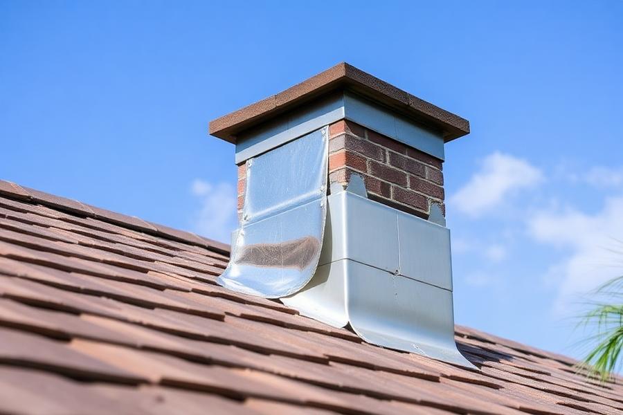 After: new bright metal chimney flashing and counter-flashing neatly fitted to the tile roof with sealed joints.