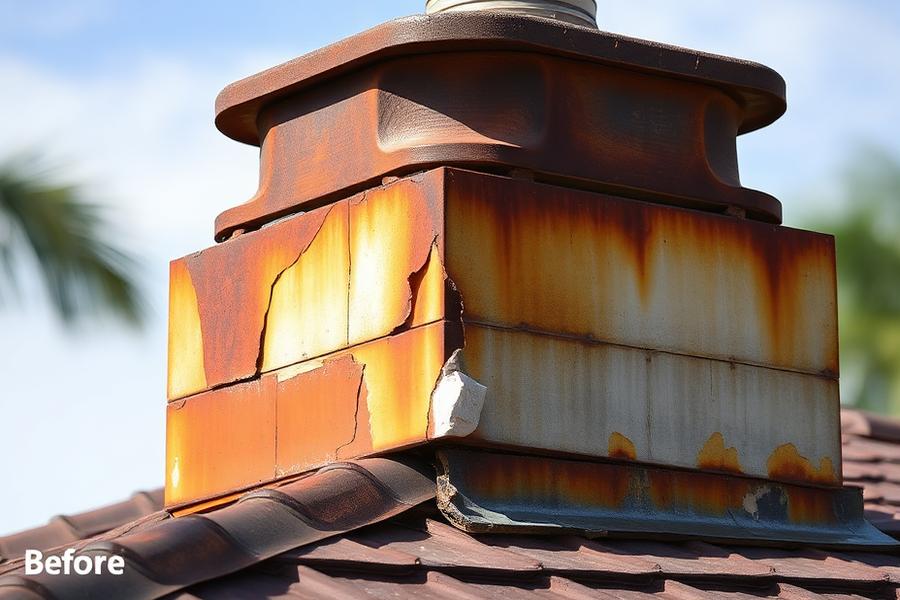 Before: heavily rusted metal chimney chase and flashing on a Pompano Beach tile roof with corrosion streaks and open gaps.