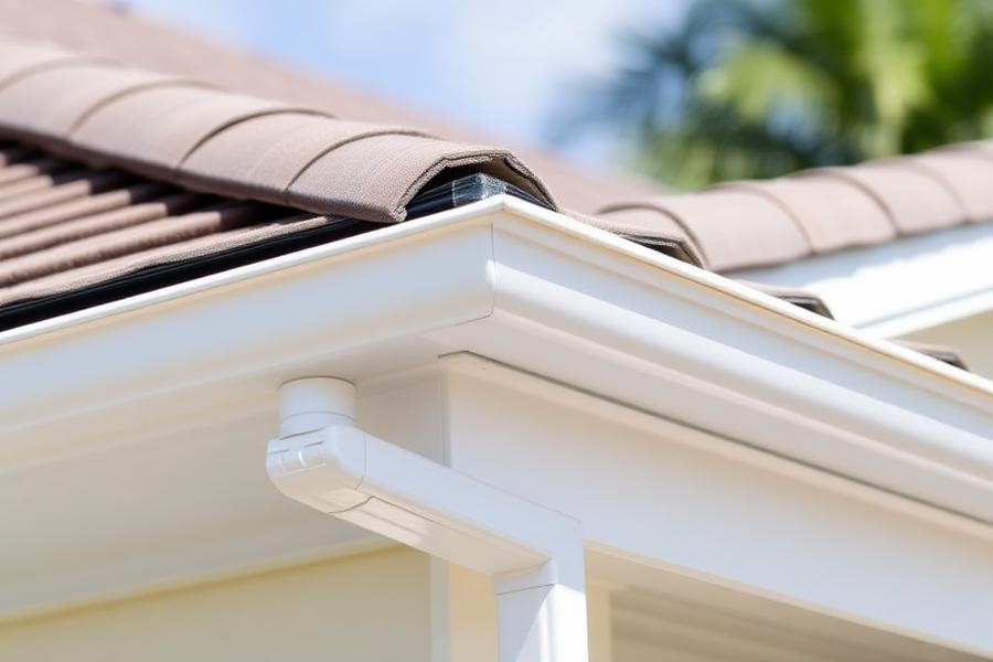 After: clean white aluminum gutter and downspout securely re-hung on repaired fascia at the same roofline corner.