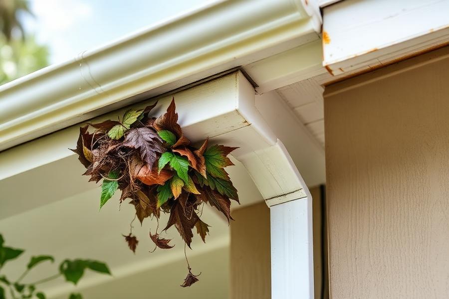 Before: a gutter along a Davie home's roofline packed with wet leaves and debris spilling over the edge, with staining on the fascia below.