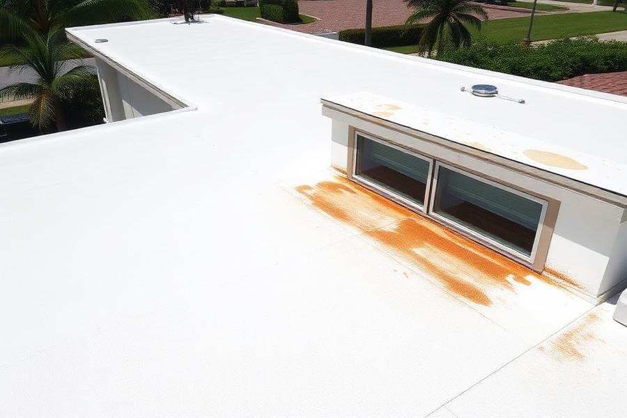 After: the same low-slope roof resurfaced with a smooth white reflective coating and clear, unobstructed drainage.