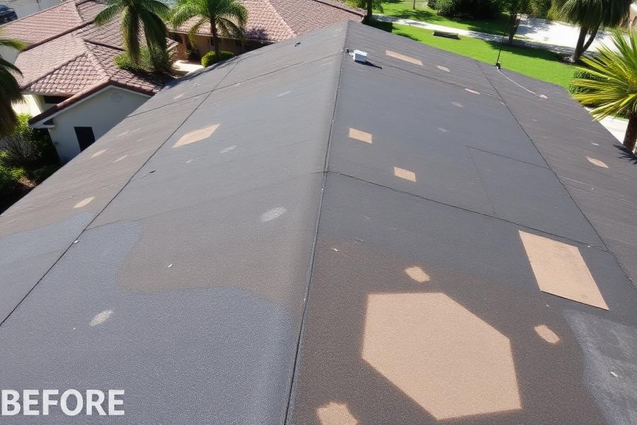 Before: a worn dark flat modified bitumen roof on a Pembroke Pines home with mismatched patches and ponding water marks.