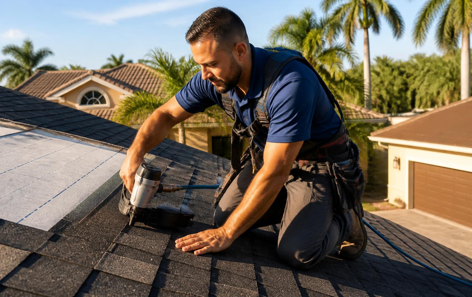 Roofing technician in a safety harness fastening new architectural shingles on a South Florida home roof